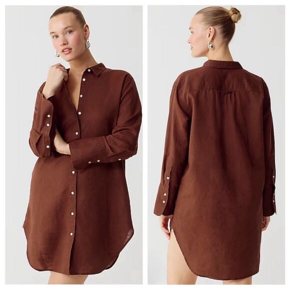 NWT J CREW Relaxed-fit beach shirt in linen-cotton blend in chocolate brow - Picture 1 of 4